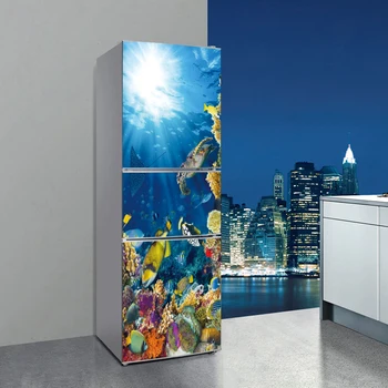 

60x150cm/60x180cm Underwater world Pattern Fridge Sticker PVC Refrigerator Door Kitchen Self-adhesive Wall Stickers Decor