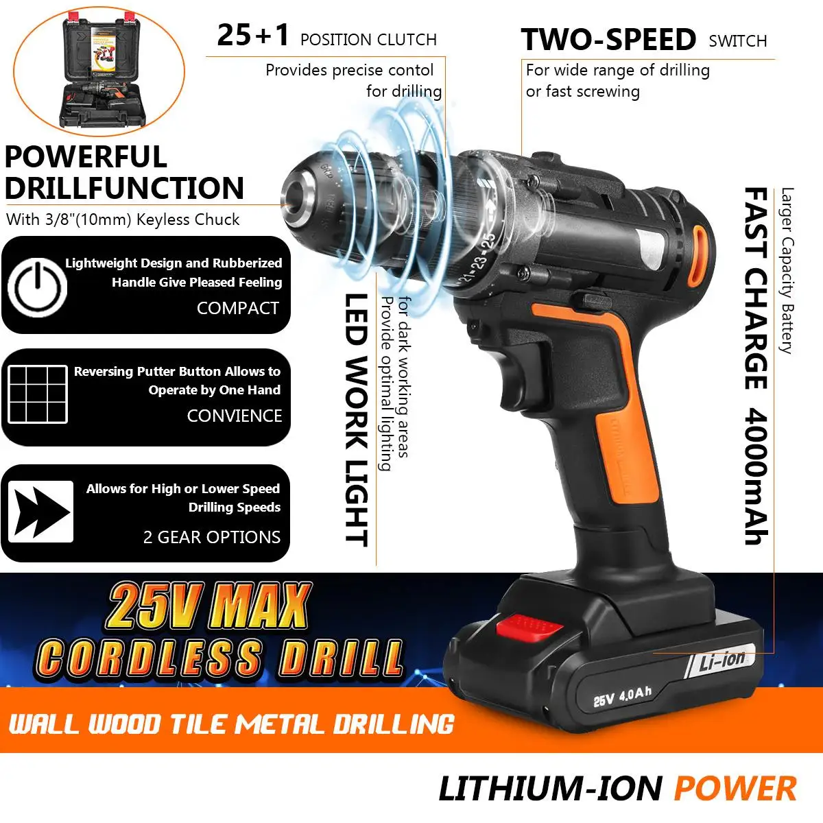 

25V 48Nm Mini Electric Screwdriver Cordless Drill Rechargeable Max Torque 3/8" Chuck Wireless Power Driver 2 Li-Battery Kit