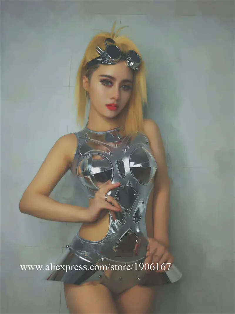 Car model catwalk hosted dance dj sexy silver mirror high fork conjoined gogo costume3