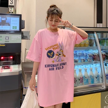 

Yidanna Female Cartoon Nightgown Cotton Short Sleeved Sleepshirt Women Rabbit Sleep Clothing O Neck Sleepwear Cute Plus Size