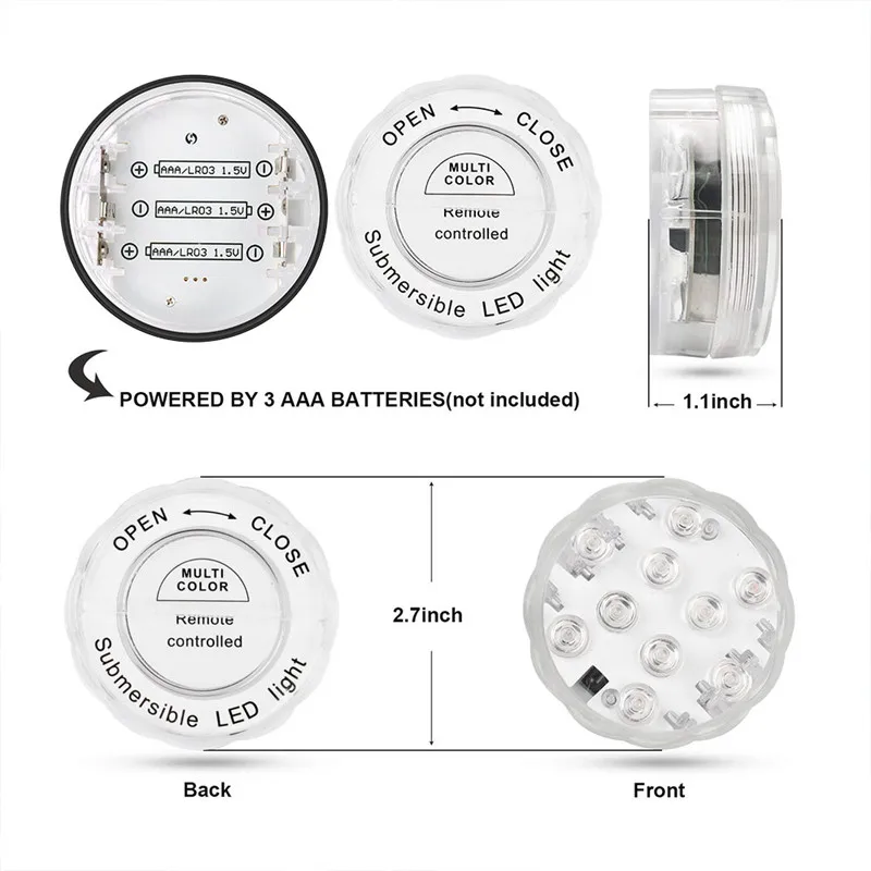 Подводный светодиодный светильник, погружной, IP68, водонепроницаемый, на батарейках, с дистанционным управлением, многоцветный, 10 светодиодный, RGB, ночной Светильник для бассейна