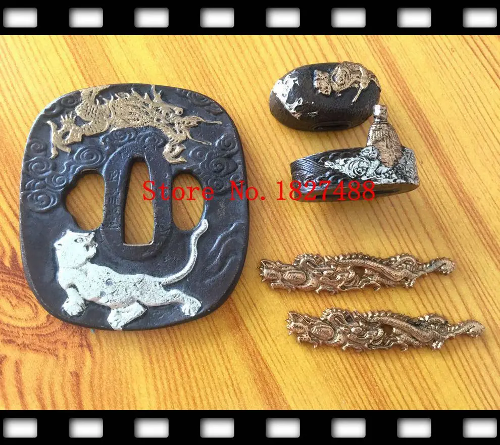

Nice A Set Katana Copper Accessory Dragon&Tiger Tsuba Kashira Fuchi Menuki For Japanese Sword DIY fitting