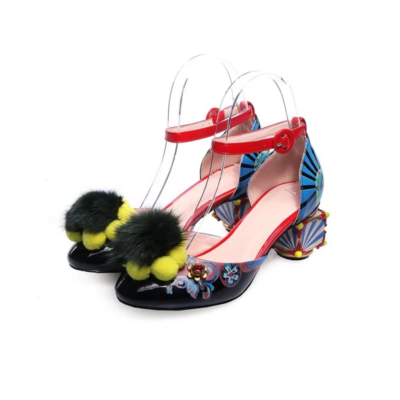 Women Sandals Fashion Print Strange Heel Pumps Fur Ball Metal Decoration 2018 Summer Ladies Dress Party High Heels Shoes Woman (24)