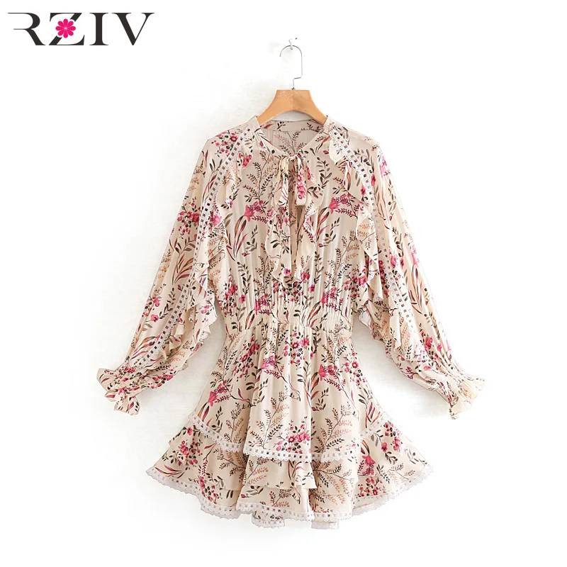 

RZIV Summer women's dress casual flower print ruffled lace stitching dress Vestidos