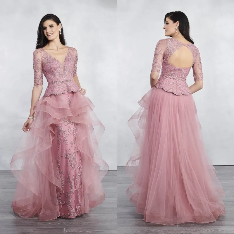 

2019 Fashion Mother of the Bride Dresses V-Neck Lace Appliques Beads Evening Gowns Floor Length Formal Wedding Guest Dresses