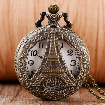 

Antique Vintage Retro Hollow Paris Eiffel Iron Tower Pocket Watch Necklace Pendant Men Women Gift Free Drop Shipping P123