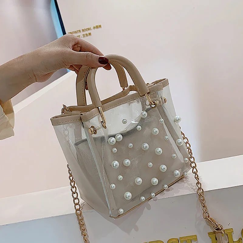 

Pearl Transparent Bag Elegant Tote Bags for Women Designer Handbag Chain Shoulder Messenger Bags Clutch for Women 2019