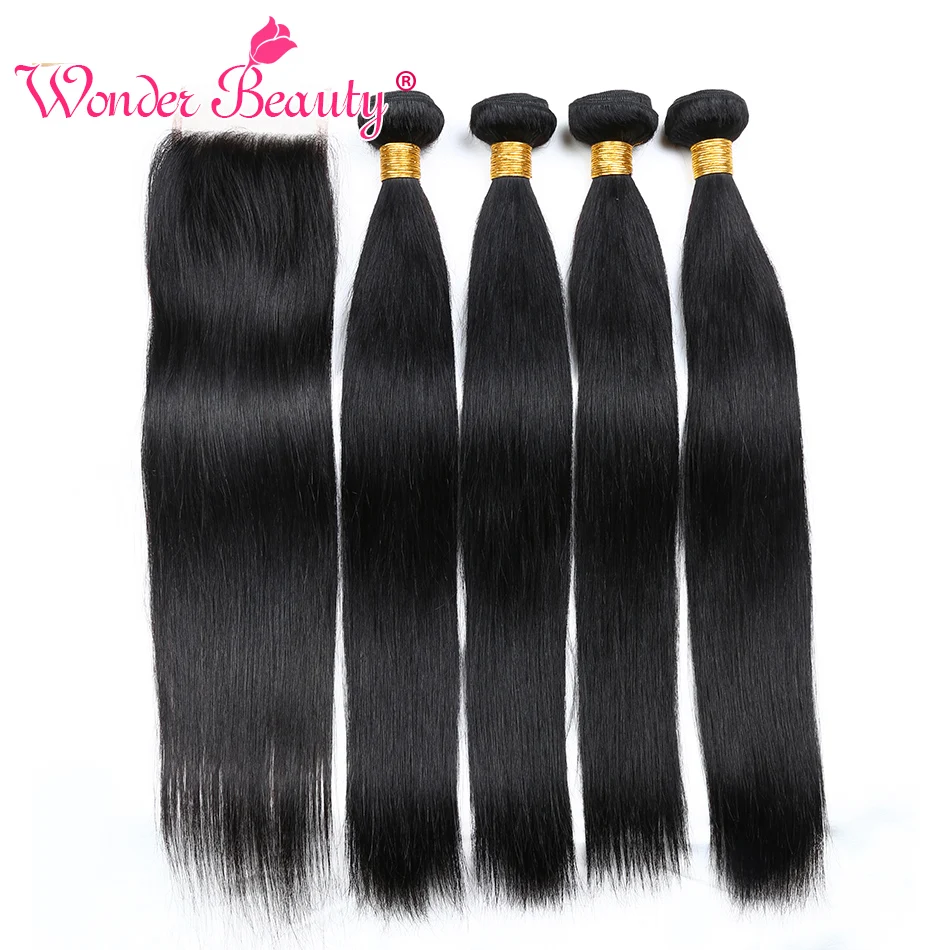 

Wonder Beauty Peruvian Hair Straight 4 Bundles With Closure Middle/Free/Three part 5 bundles deal non Remy weaves Free Shipping