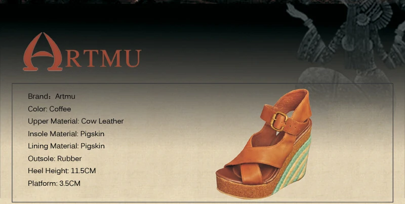 Artmu/оригинальные летние женские босоножки из натуральной кожи на платформе и высоком каблуке; обувь ручной работы из воловьей кожи на танкетке в стиле ретро; 4023-9