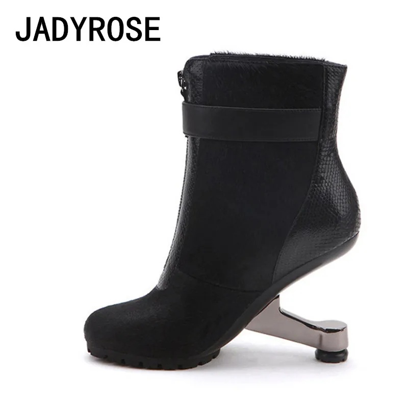 

Black Genuine Leather Women Ankle Boots Round Toe Short Chelsea Booties Woman 9cm Metal Strange High Heels Botines Mujer Botas