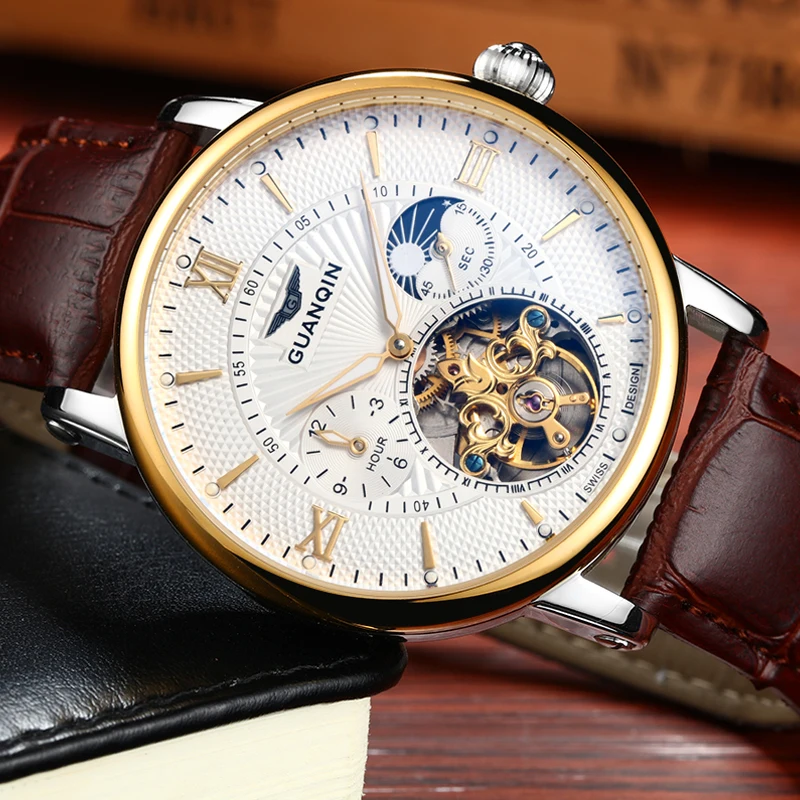 Модные мужские часы GUANQIN, Топ бренд, роскошные часы со скелетом, мужские спортивные часы с кожаным турбийоном, автоматические механические наручные часы