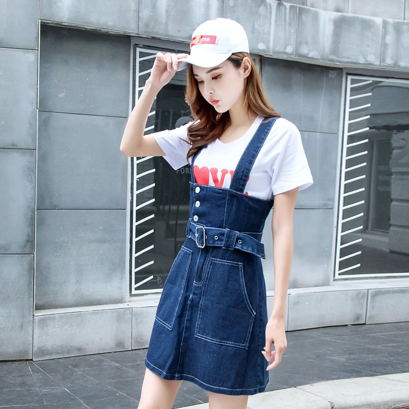 

Summer Women Button Denim Dress Preppy Stlye Denim Sundress Girls Casual Belt Overalls Female Adjustable Straps Jeans Dresses