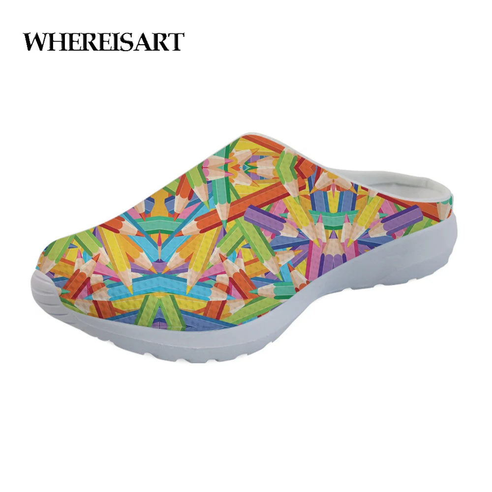 

WHEREISART Colorful Pencils Pattern Fashion Summer Ladies Slippers Shoes Woman Casual Comfortable Mesh Light Sandals for Girls