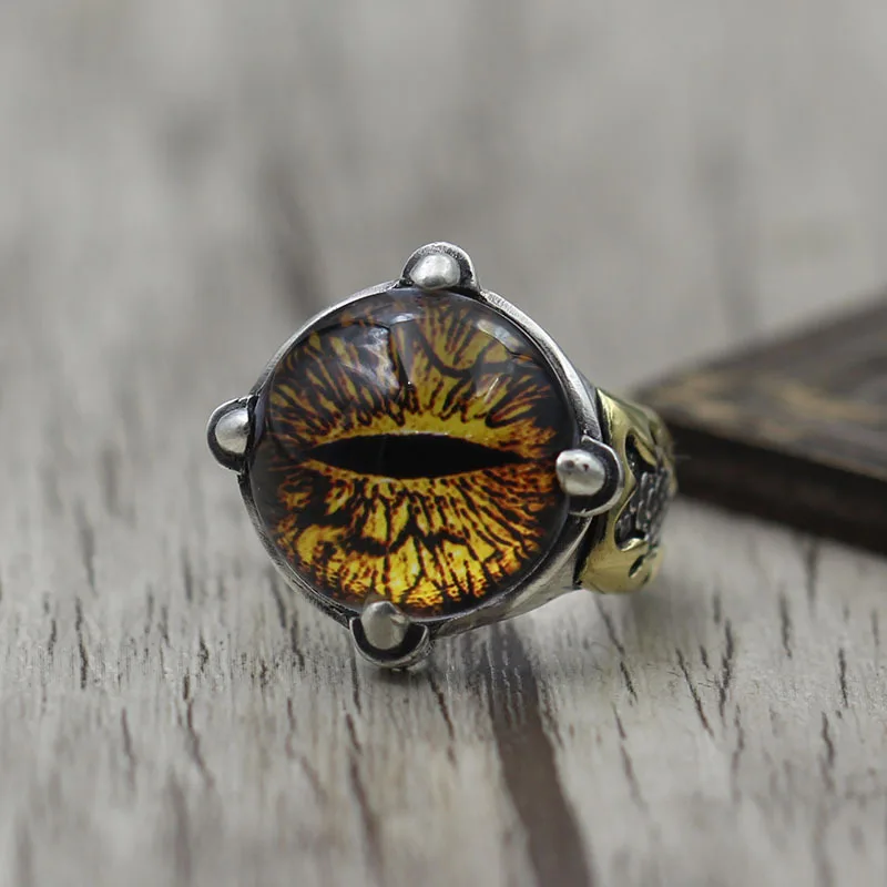 

S925 Sterling Silver Retro Open-ended Ring Dragon Eye Personality Domineering Longan Men Ring Thai Silver Yellow Demon Eye