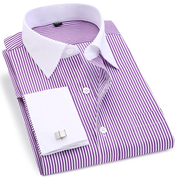 Мужские французские запонки рубашки новые мужские полосатые рубашки с длинным рукавом Повседневные мужские брендовые Рубашки приталенные французские запонки рубашки - Цвет: FS12