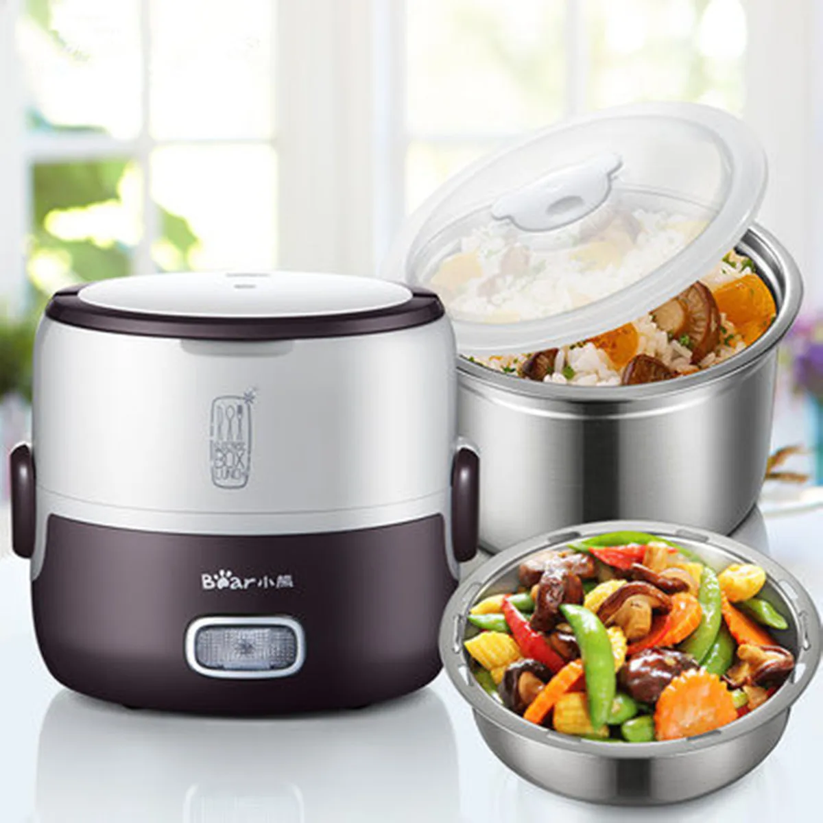 

1.3L 220V Electric Stainless Steel Mini Steamer Rice Cooker Portable Lunch Box Automatic Food Container Insulation Steamer Tool