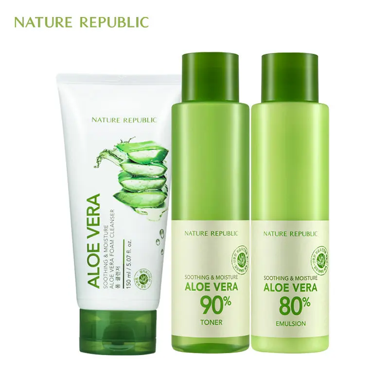 

Nature Republic Korean Skin Care Moisturizing Set Aloe Facial Cleanser+Toner+Emulsion Cream Oil Control Treatment Acne