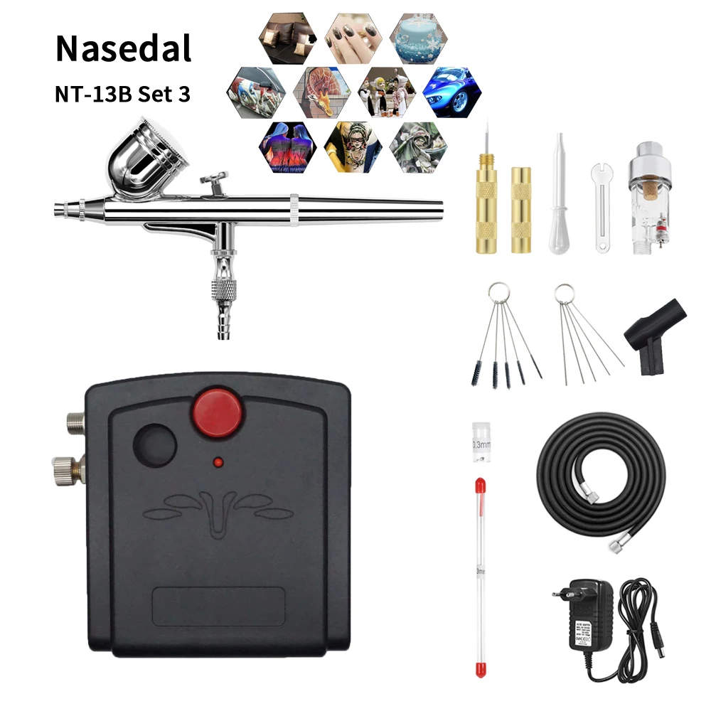 

Nasedal NT-13 Airbrush Compressor Dual Action Spray Gun Air Brush Mini Compressor for Art Painting Nail Tattoo White or Black