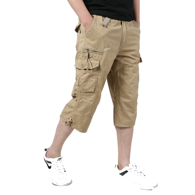 Длинные мужские шорты Карго, летние повседневные хлопковые бермуды с карманами и эластичной резинкой на талии, мужские военные Стильные бриджи