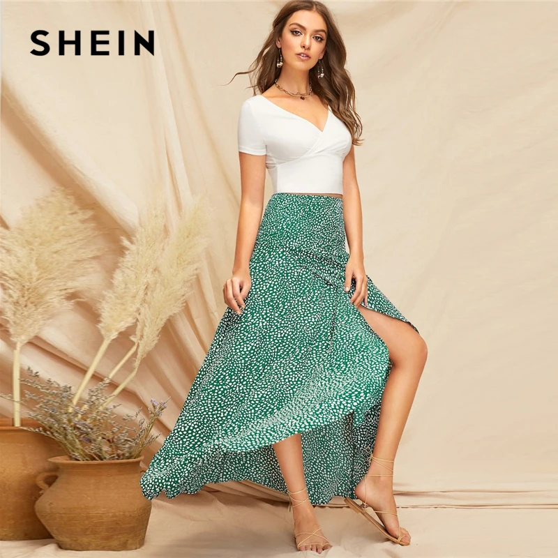 SHEIN Модная Ассиметричная Юбка На Запах, Макси Юбка С Контрастным Принтом, Летняя Юбка