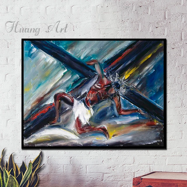 hand painted abstract jesus christ with the cross on his back oil