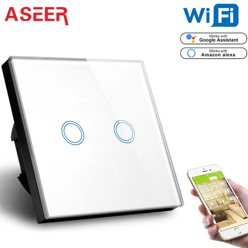 

ASEER, EU Standard Tuya Smart Life WiFi Switch for Google Assistant, Amazon Alexa Voice Control 2 Gang Smart WIFI wall switch