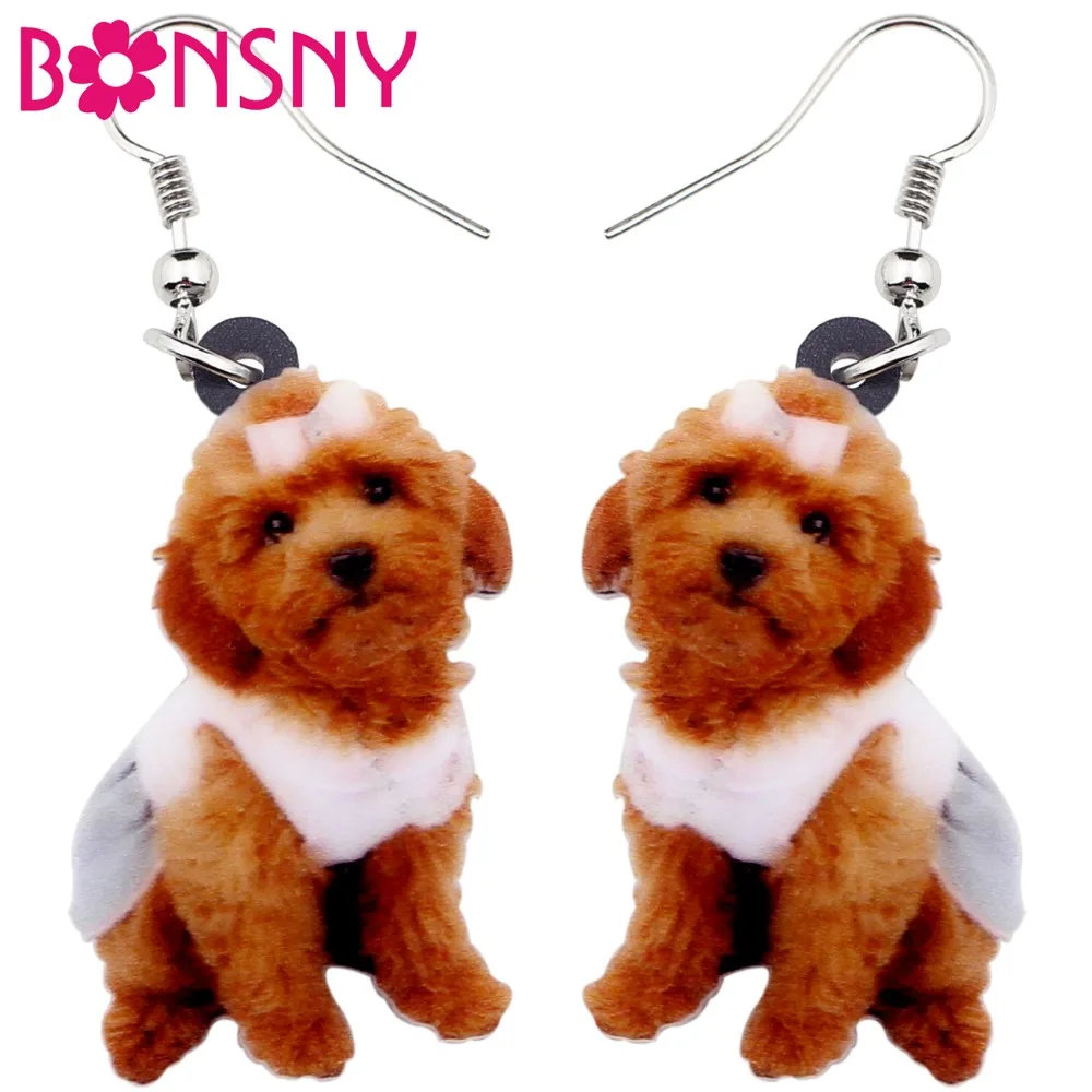 

Bonsny Acrylic Sweet Sitting Teddy Poodle Dog Earrings Big Long Dangle Drop Fashion Jewelry For Women Girls Ladies Kids Animal