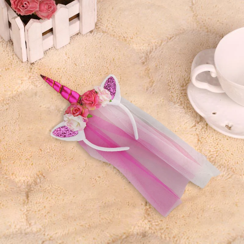 Unicorn Headbands with Ear and Felt Rose Flower Animal Unicorn Birthday Party Stretch Hair Band Girls Christmas Halloween Decor