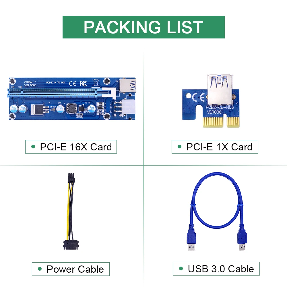 CHIPAL 100 шт. Райзер карта VER 006C PCI E PCIE 1x до 16x + 60 см USB 3 0 кабель/SATA к 6 контактному шнуру