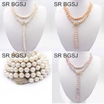 

Free Shipping 8-9mm 35inch Natural Freshwater Pearl Beads Knot Strand Leaf Clasp Women Long Necklace 35inch