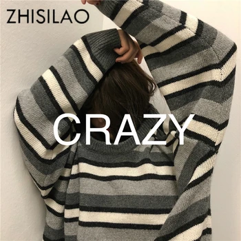 

ZHISILAO Vintage Pullover Sweater Women Stripe Knit Sweater Winter Mujer Cotton Pull Femme Hiver 2018 Harajuku Loose Sweaters