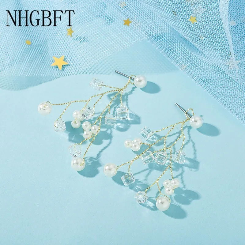 

NHGBFT New Arrivals Long section Gold Color Earrings For Women Branch shape Drop Earring Pearl accessories Wedding Jewelry