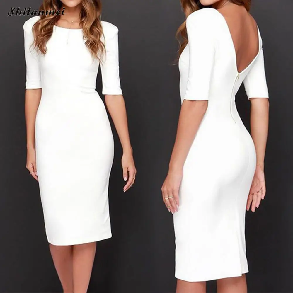 

Slim Half Sleeve Backless Sexy Office Dress Women Bodycon Midi White Dresses Summer 2018 Party Vestidos Ol Elegant Pencil Dress