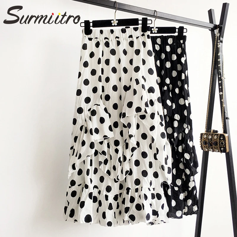 

Surmiitro White Black Dot Print A-line Long Skirt Women 2019 Spring Summer Fashion Korean Ruffles High Waist School Skirt Female