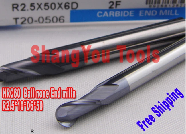 

Free shipping-5pcs hrc60 R2.5*10*D6*50 2 Flutes 6mm Milling tools Milling cutter Ball nose End Mills carbide CNC router bits