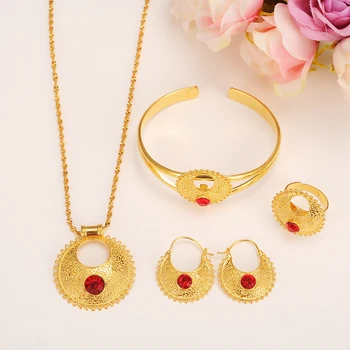 Gold set Jewelry Pendant Necklace Bangle Earrings Ring Crystal Habesha Ethiopian Wedding jewelry Bride Eritrea friend gift