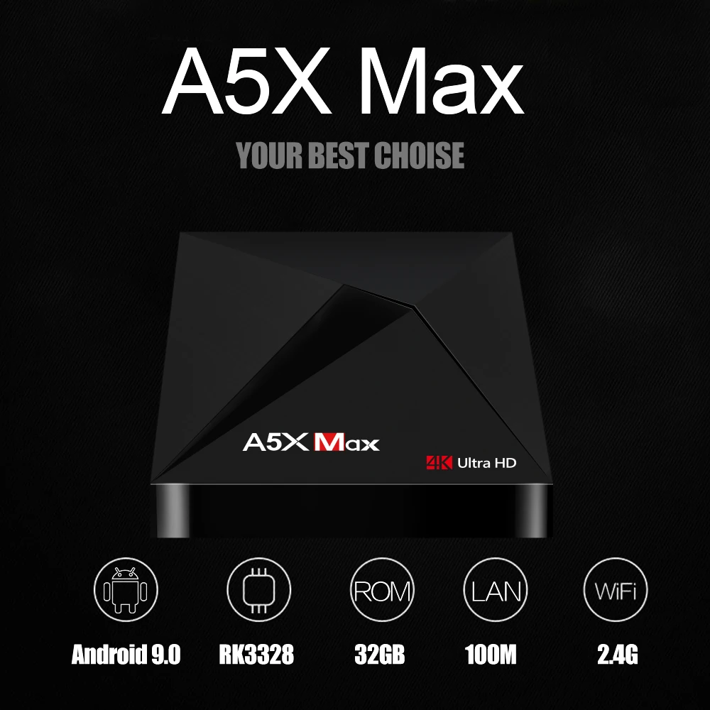 A5X MAX 4G + 32G Smart Android 9,0 ТВ коробка RK3328 Quad-Core Поддержка 4 K DH 3,0 USB 2,4G, Bluetooth, Wi-Fi 4,1 Декодер каналов кабельного телевидения