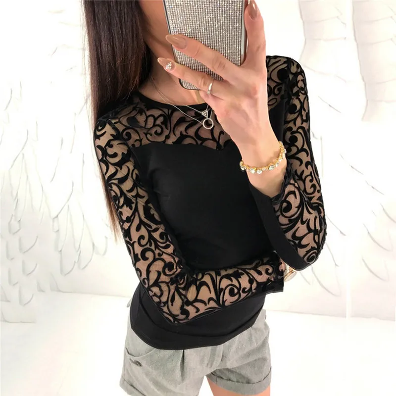 

Long Sleeve Womens Floral Lace Blouse 2017 Summer Ladies Sheer Mesh Black Tops Femme Causal Tee Shirts Sexy Transparent Tunics