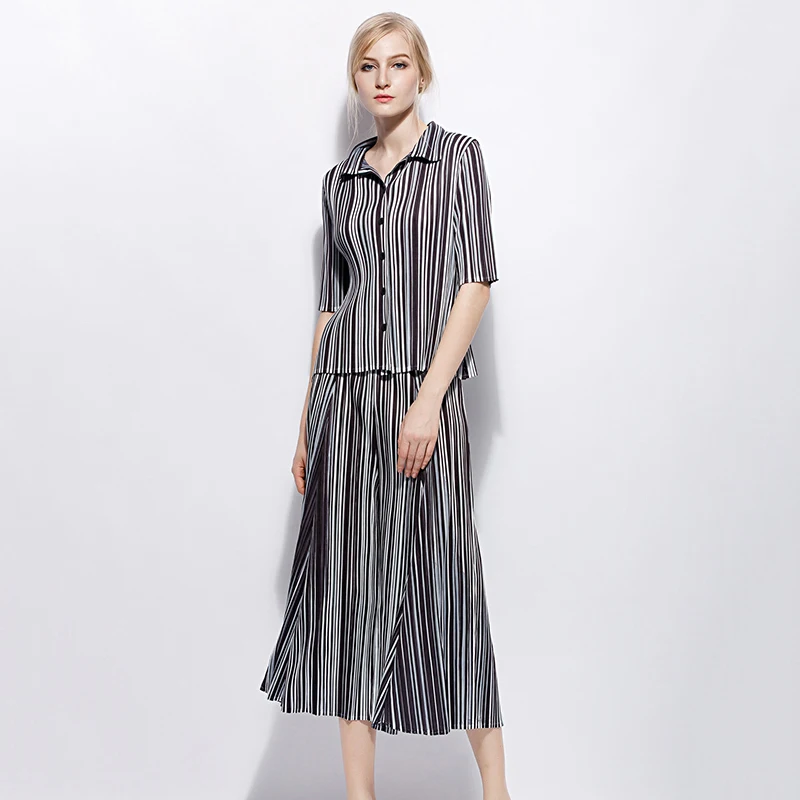 

LANMREM Striped Print Pleated 2 Pieces Pants Set For Women Turn Down Collar Half Sleeve Tops + Elastic Waist Wide Leg Pant NA924
