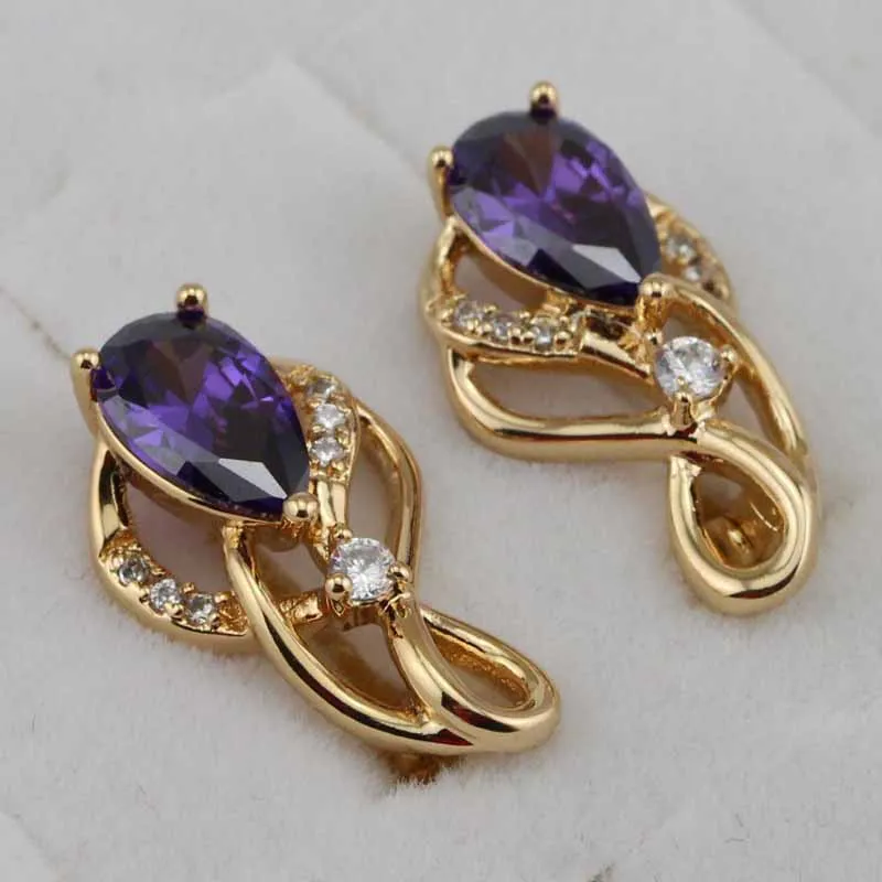 Charming Nice Purple CZ Gems Hoop Earrings Yellow Golden