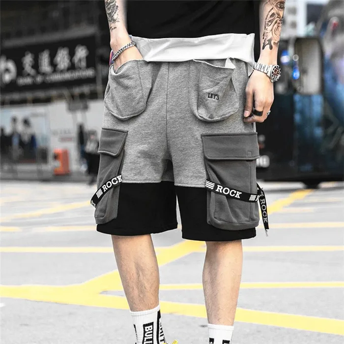 Мужские шорты в стиле хип-хоп, хлопковые спортивные брюки с лентами, с несколькими карманами, с эластичной резинкой на талии, короткие