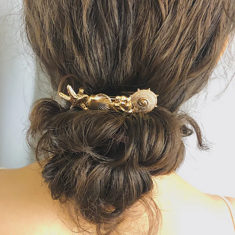 

1Pc Creative Shell Starfish Design Hair Clips Exaggerated Women Metal Hairpin Barrettes Wedding Hair Accessories
