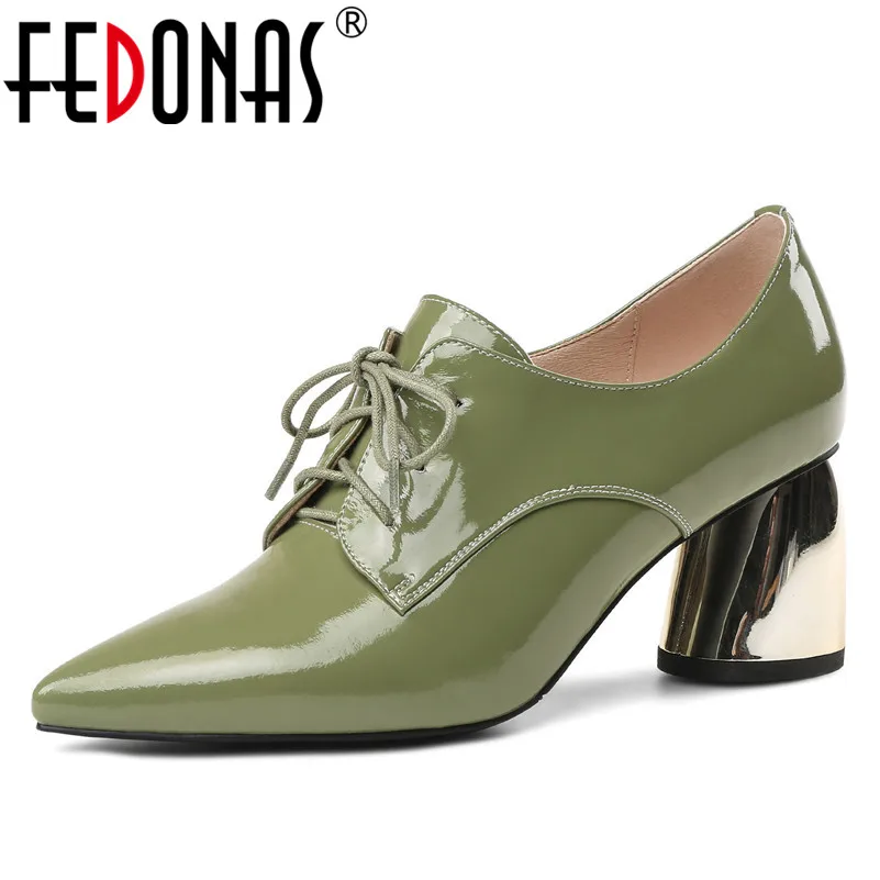 

FEDONAS New Arrival Shoes Woman High Heels Patent Leather Women Office Shoes Pointed Toe Cross-tied Square Heeled Wowen Pumps