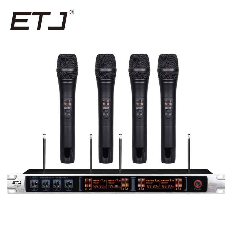 

Free shipping Wireless Microphone System ETJ U408 Professional Microphone 4 Channel Dynamic 4 Headset Microphone + Karaoke