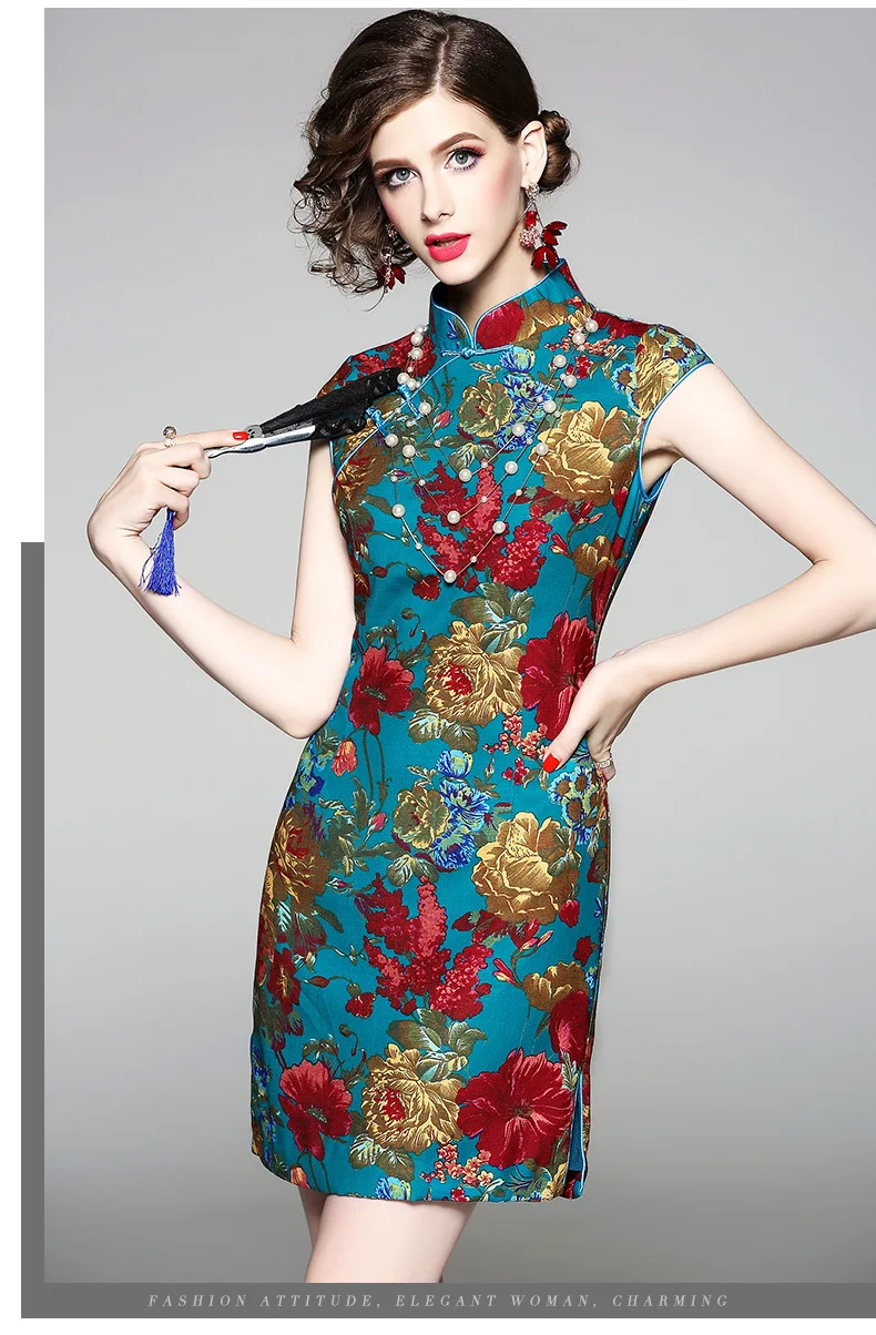 Новое летнее женское платье в китайском стиле, элегантные платья с воротником-стойкой и принтом, тонкое высококачественное мини-платье 80646
