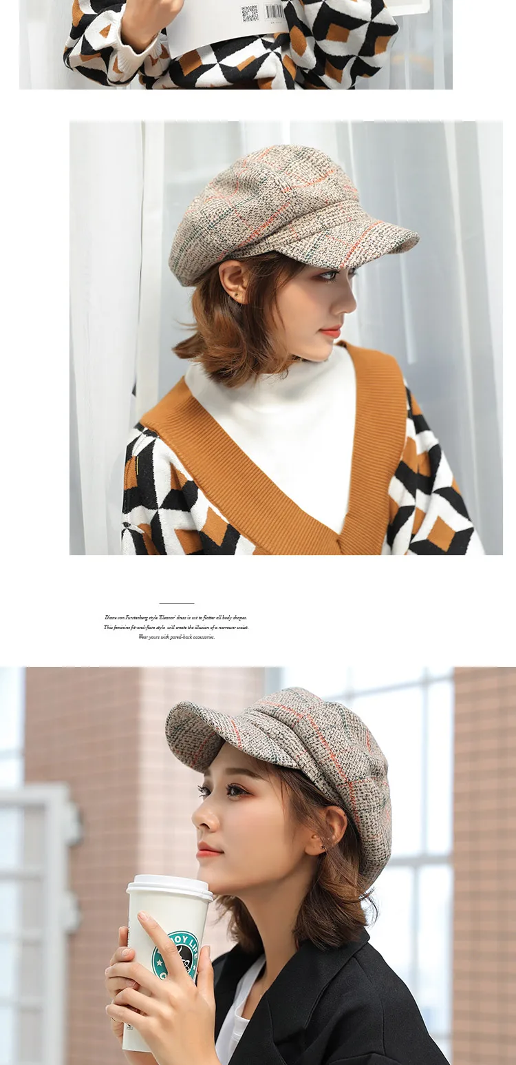 New Fashion Autumn Winter Beret hat Women Ladies Octagonal Newsboy Cap Female Vintage Plaid Artist Painter Beret Hat