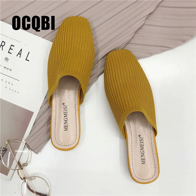 Najtaniej 2019 marka muły elastyczna tkanina buty na płaskiej podeszwie z okrągłym noskiem obcasy gumką obuwie damskie żółty czarny Slip On slajdy