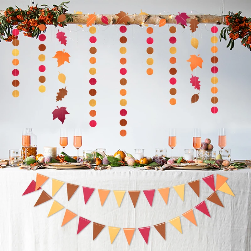 4 metros rojo naranja amarillo Tema de otoño hojas guirnaldas de puntos de papel de banderas para el Día de Acción de Gracias fiesta decoración de la boda