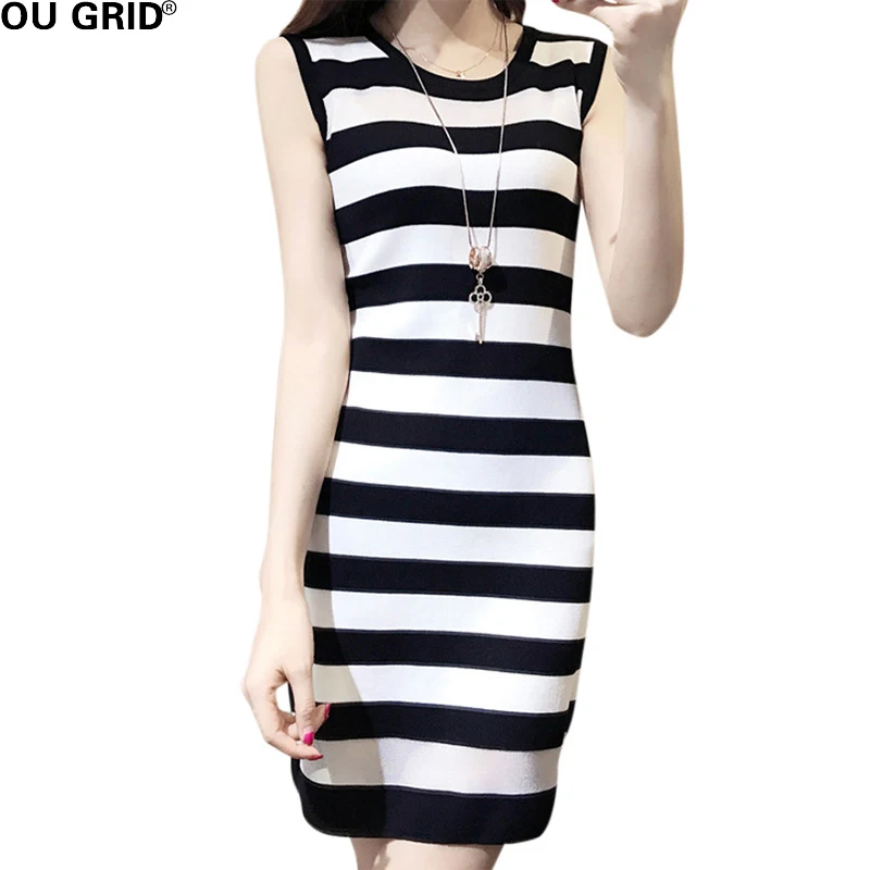 

Black white Striped Straight Casual Dress Women Summer Knitted Sleeveless O-neck Slim Cute Tank Dress High Quality New Arrival