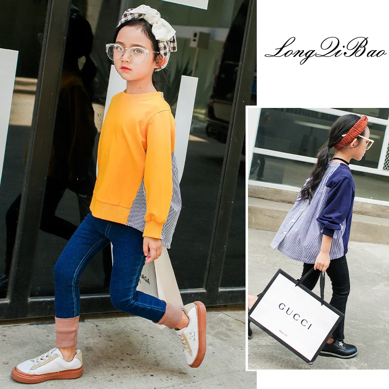 

2018 new spring and autumn Korean version of the cotton fake two children's sweater girls fashion shirt autumn striped stitching